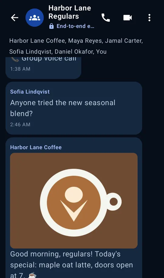 A community chat with a photo from Harbor Lane Coffee